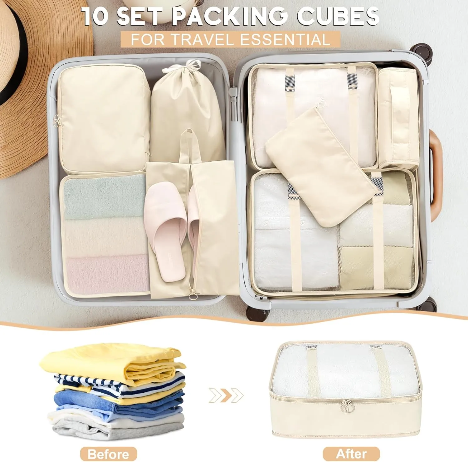 10 Set Packing Cubes for Travel, Luggage Organizer Bags with Hanging Toiletry Bag and Shoe Bag, Travel Packing Cubes for Carry on Suitcase Luggage Accessories Vacation Essentials (Black)