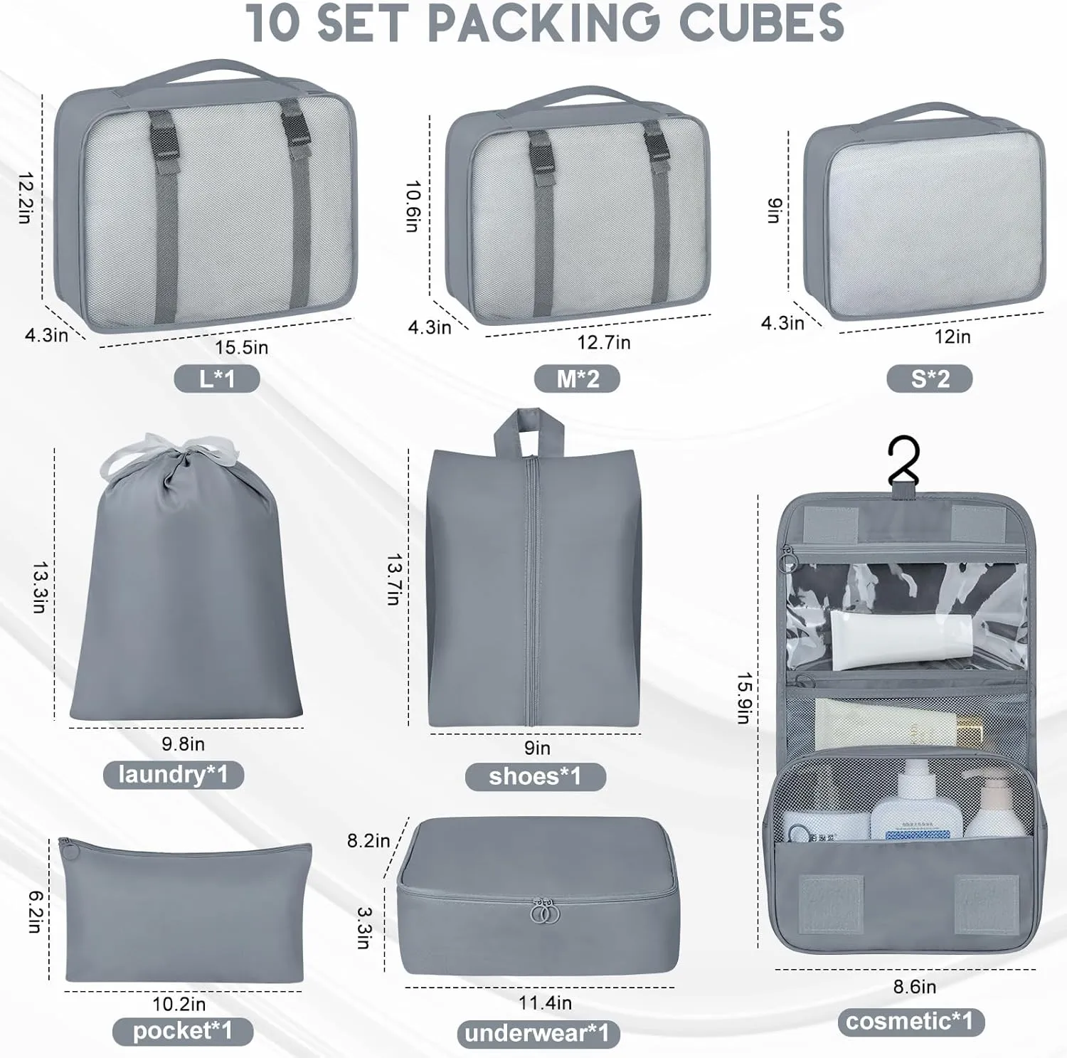 10 Set Packing Cubes for Travel, Luggage Organizer Bags with Hanging Toiletry Bag and Shoe Bag, Travel Packing Cubes for Carry on Suitcase Luggage Accessories Vacation Essentials (Black)