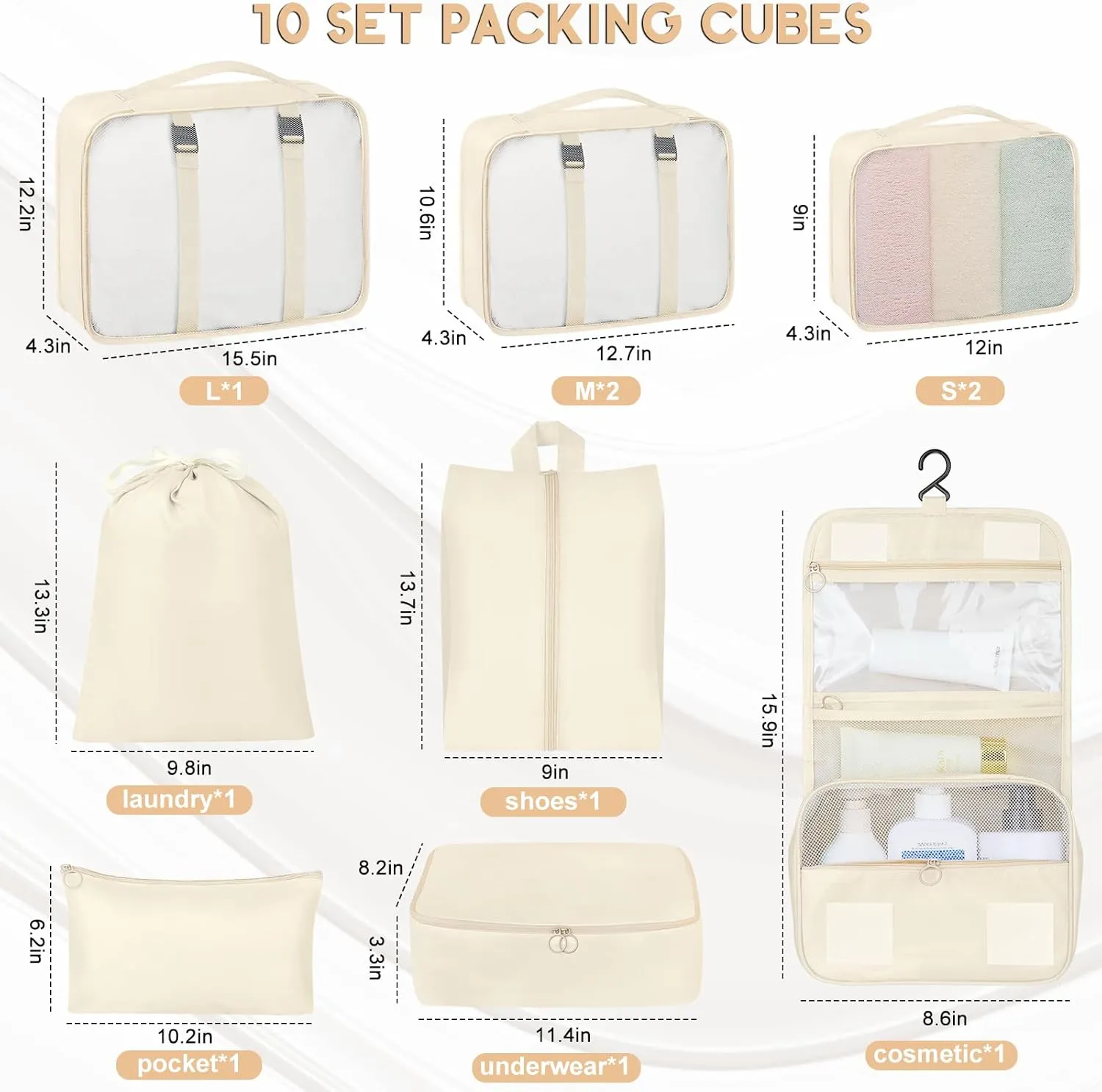 10 Set Packing Cubes for Travel, Luggage Organizer Bags with Hanging Toiletry Bag and Shoe Bag, Travel Packing Cubes for Carry on Suitcase Luggage Accessories Vacation Essentials (Black)