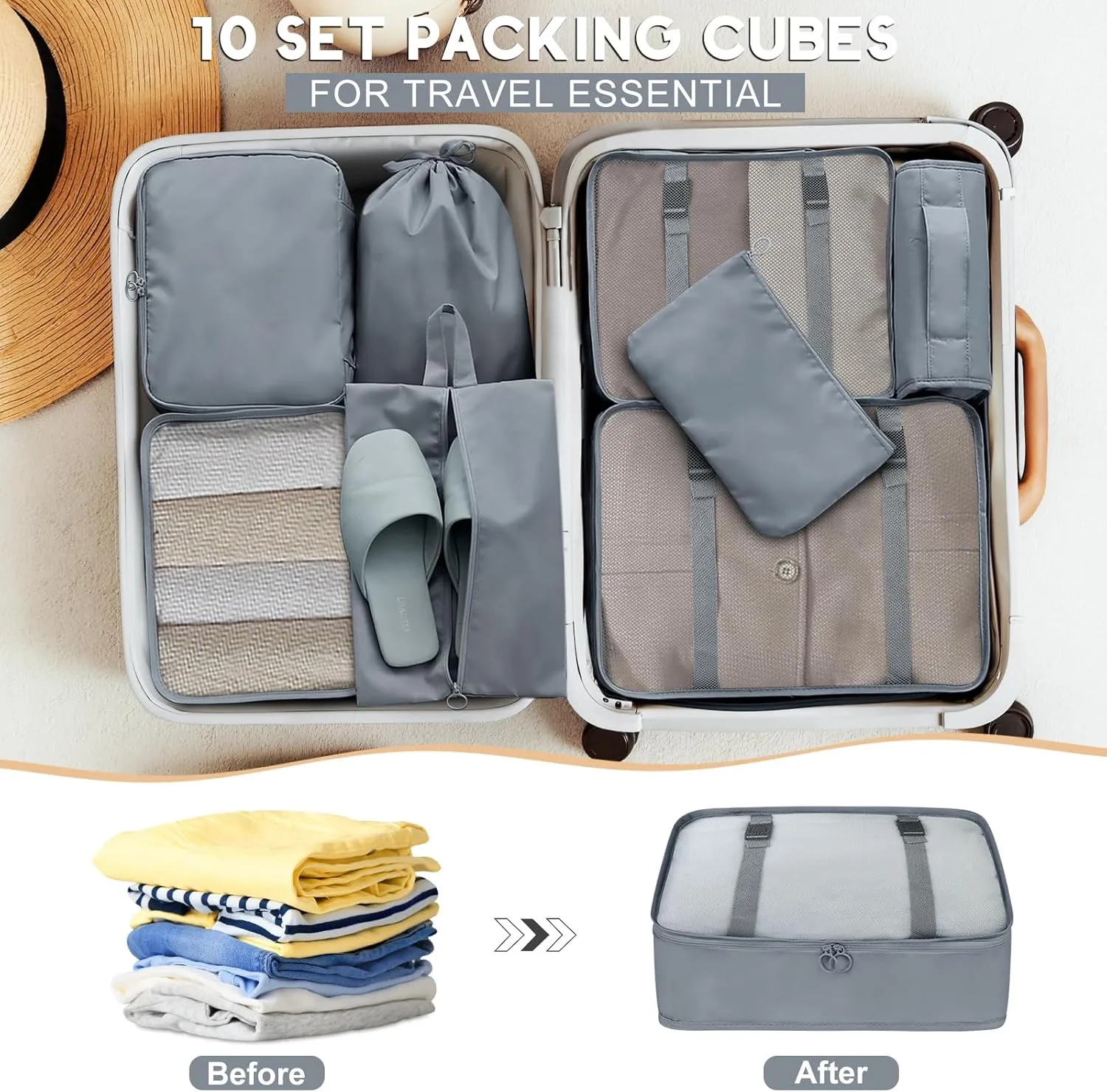 10 Set Packing Cubes for Travel, Luggage Organizer Bags with Hanging Toiletry Bag and Shoe Bag, Travel Packing Cubes for Carry on Suitcase Luggage Accessories Vacation Essentials (Black)