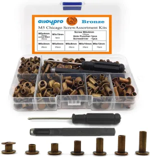 120 Sets Chicago Screws with Hole Puncher and Screwdriver 3/16" Leather Rivets 7 Sizes Assorted Screw Rivet M5 Bronze Binding Screws for Decorate & Repair Leather Craft Bookbinding Bag Purse