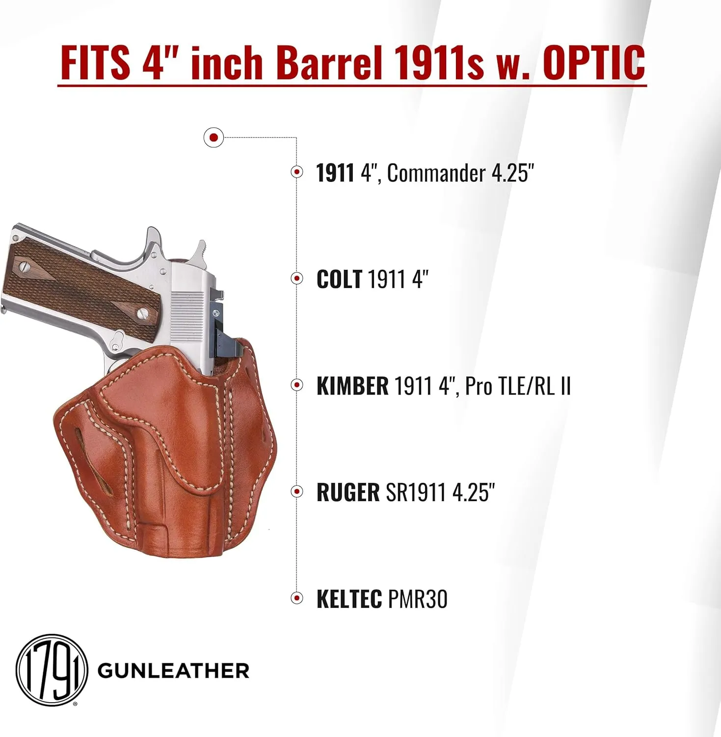 1791 GUNLEATHER 1911 Compact Optic Ready Holster - OWB CCW Leather Gun Holster for Belts - Right Handed - Fits 1911 Commander, Officer Models with 4" and 4.25" Barrels