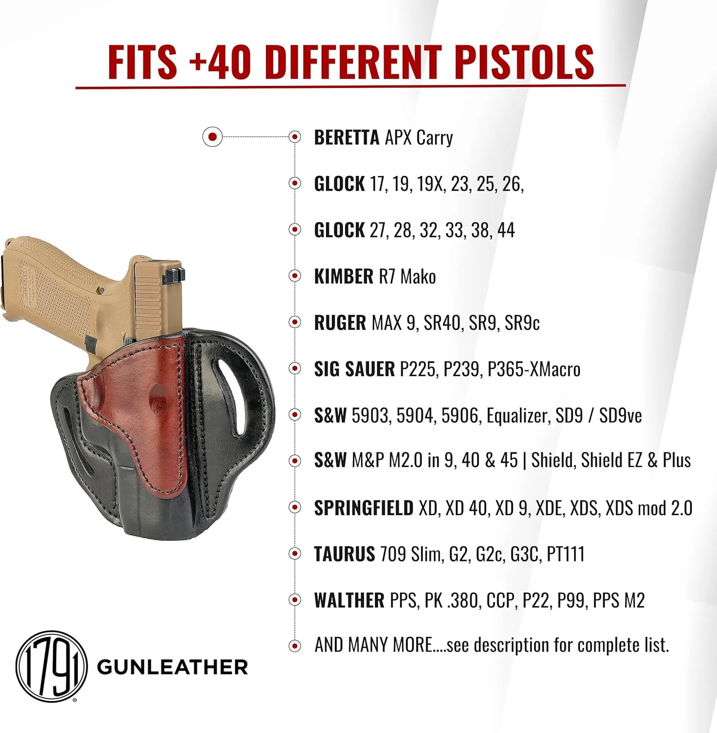 1791 GUNLEATHER G19 Holster - Right Hand OWB G19 Leather Holster for Belts - Fits Glock 19, 23, 26, 27, H&K VP40 and Springfield XDS