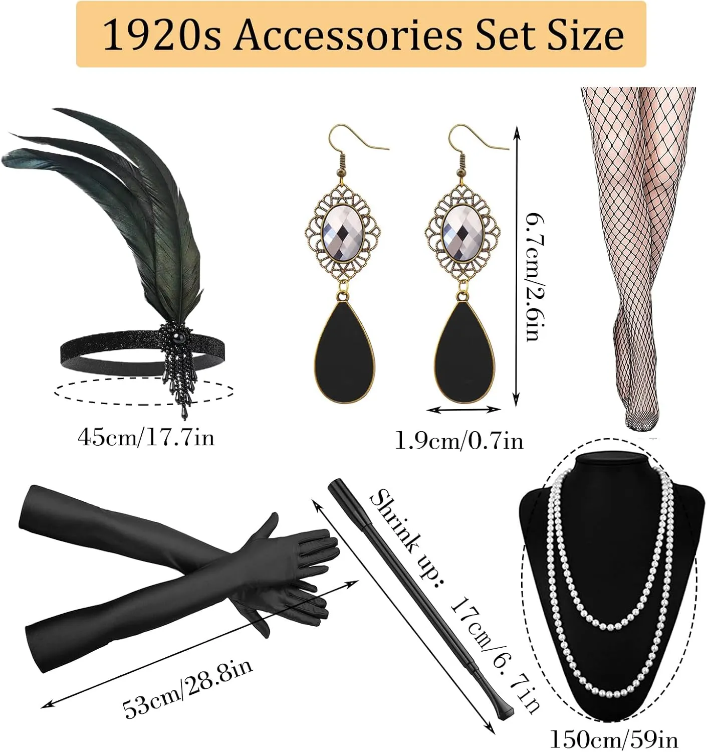 1920s Flapper Accessories Set, Roaring 20s Accessories Women Feather Headpiece Necklace Earrings Long Gloves,Black Gold