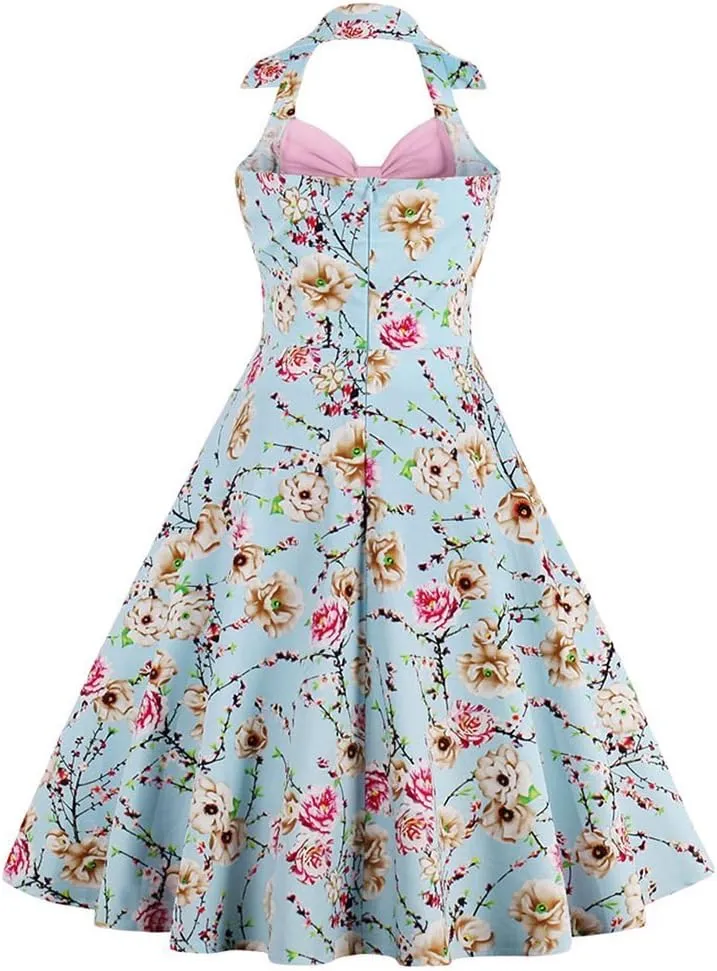 1950s Dresses for Women Vintage Halter Polka Dot Floral Print Swing A Line Midi Dress Cocktail Party Prom Gown