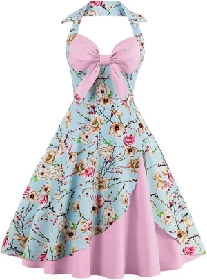 1950s Dresses for Women Vintage Halter Polka Dot Floral Print Swing A Line Midi Dress Cocktail Party Prom Gown