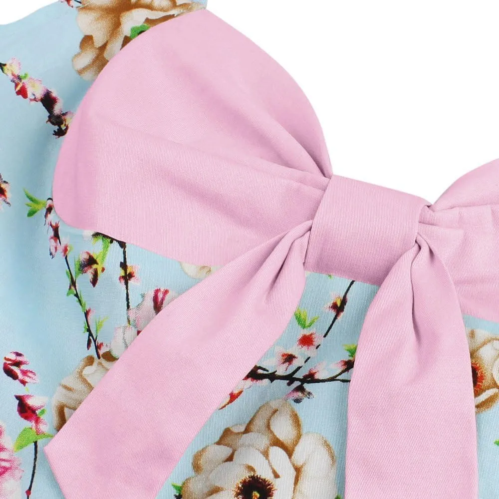 1950s Dresses for Women Vintage Halter Polka Dot Floral Print Swing A Line Midi Dress Cocktail Party Prom Gown