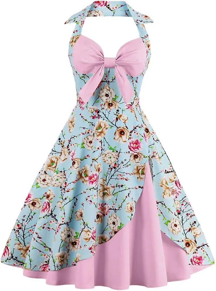 1950s Dresses for Women Vintage Halter Polka Dot Floral Print Swing A Line Midi Dress Cocktail Party Prom Gown