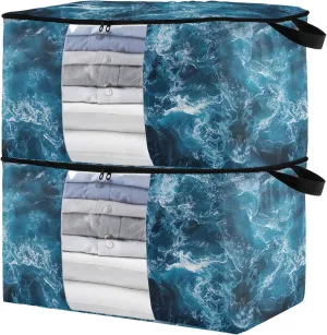 2 Pack Blue Seawater Clothes Storage, Foldable Blanket Storage Bags, Clear Window and Reinforced Handles, Closet and Organization for Clothing, Sweater, Comforter, Bedding, 95L