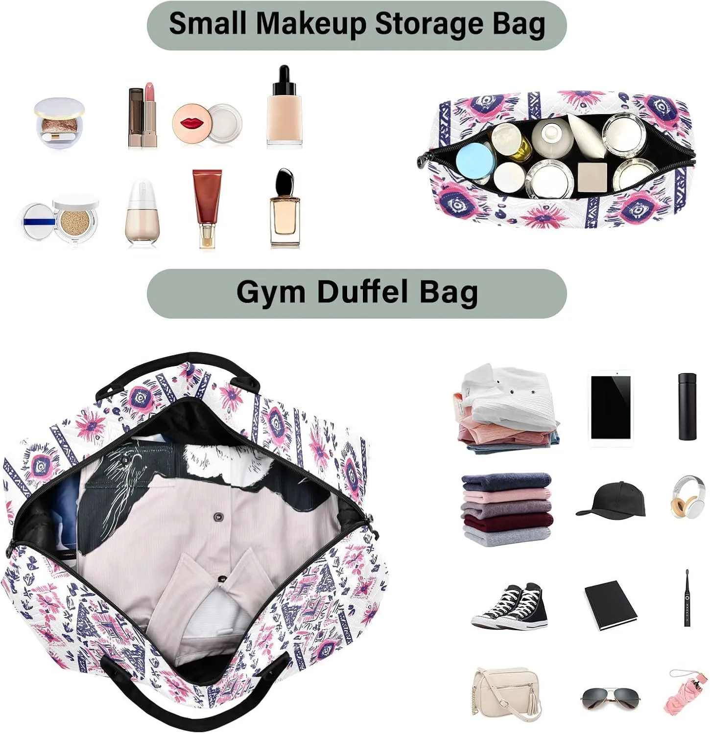 2-Piece Travel Organizer Set - Wave Quilted Expandable Duffel Bag with Detachable Toiletry Pouch, TSA-Compliant Carry-On for Gym/Camping/Airplane, Bohemian Pattern (24)