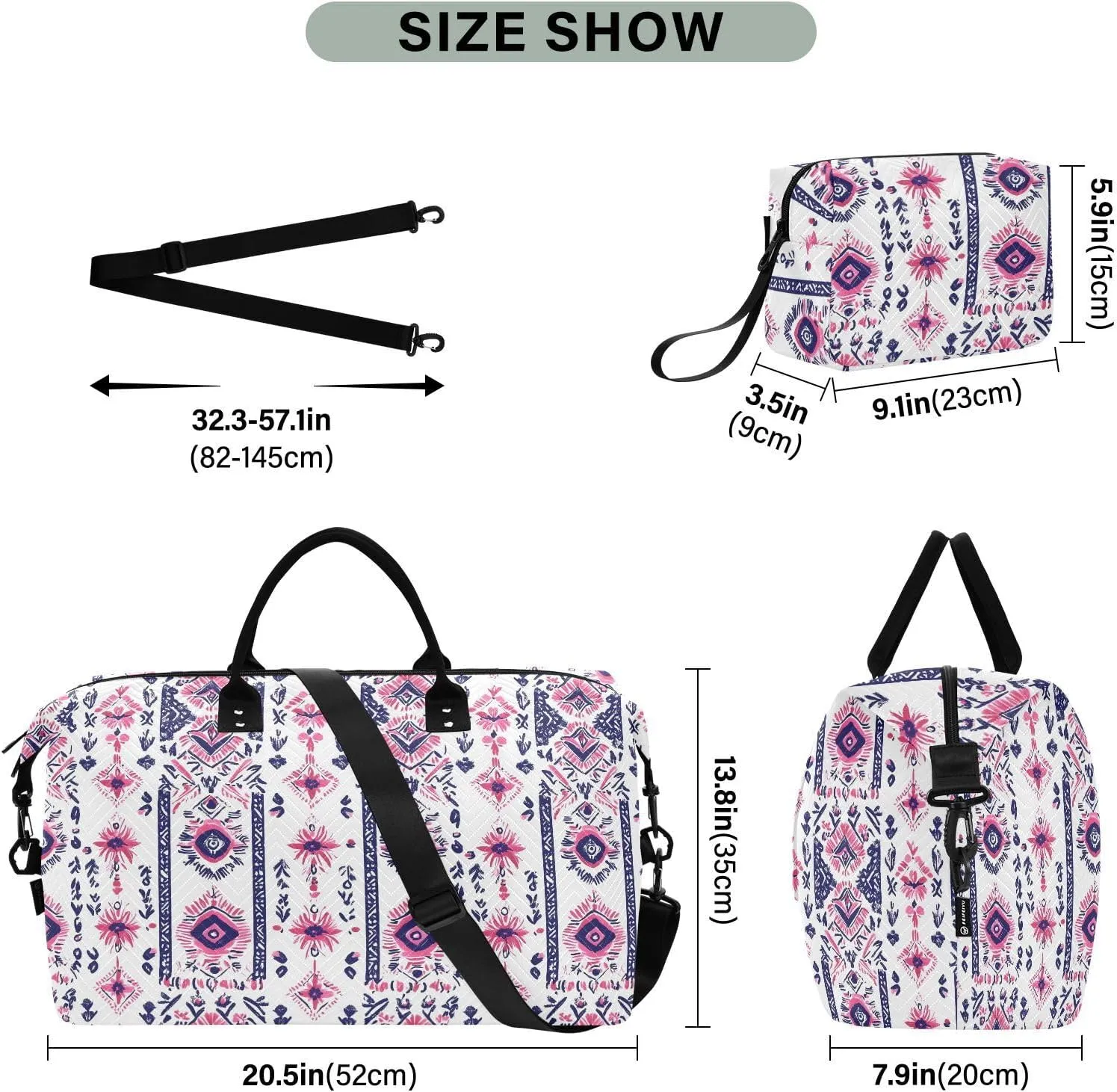 2-Piece Travel Organizer Set - Wave Quilted Expandable Duffel Bag with Detachable Toiletry Pouch, TSA-Compliant Carry-On for Gym/Camping/Airplane, Bohemian Pattern (24)