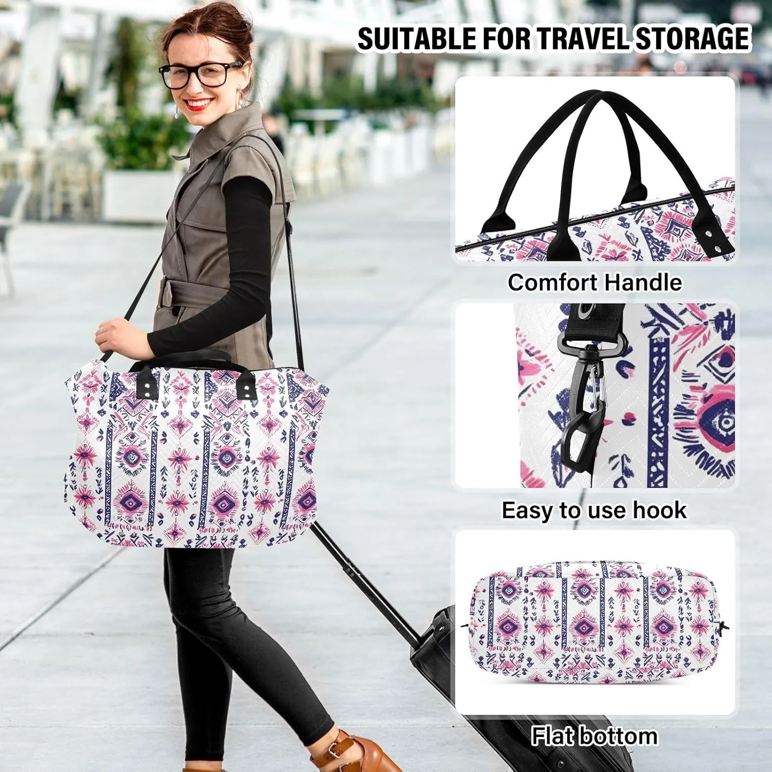 2-Piece Travel Organizer Set - Wave Quilted Expandable Duffel Bag with Detachable Toiletry Pouch, TSA-Compliant Carry-On for Gym/Camping/Airplane, Bohemian Pattern (24)