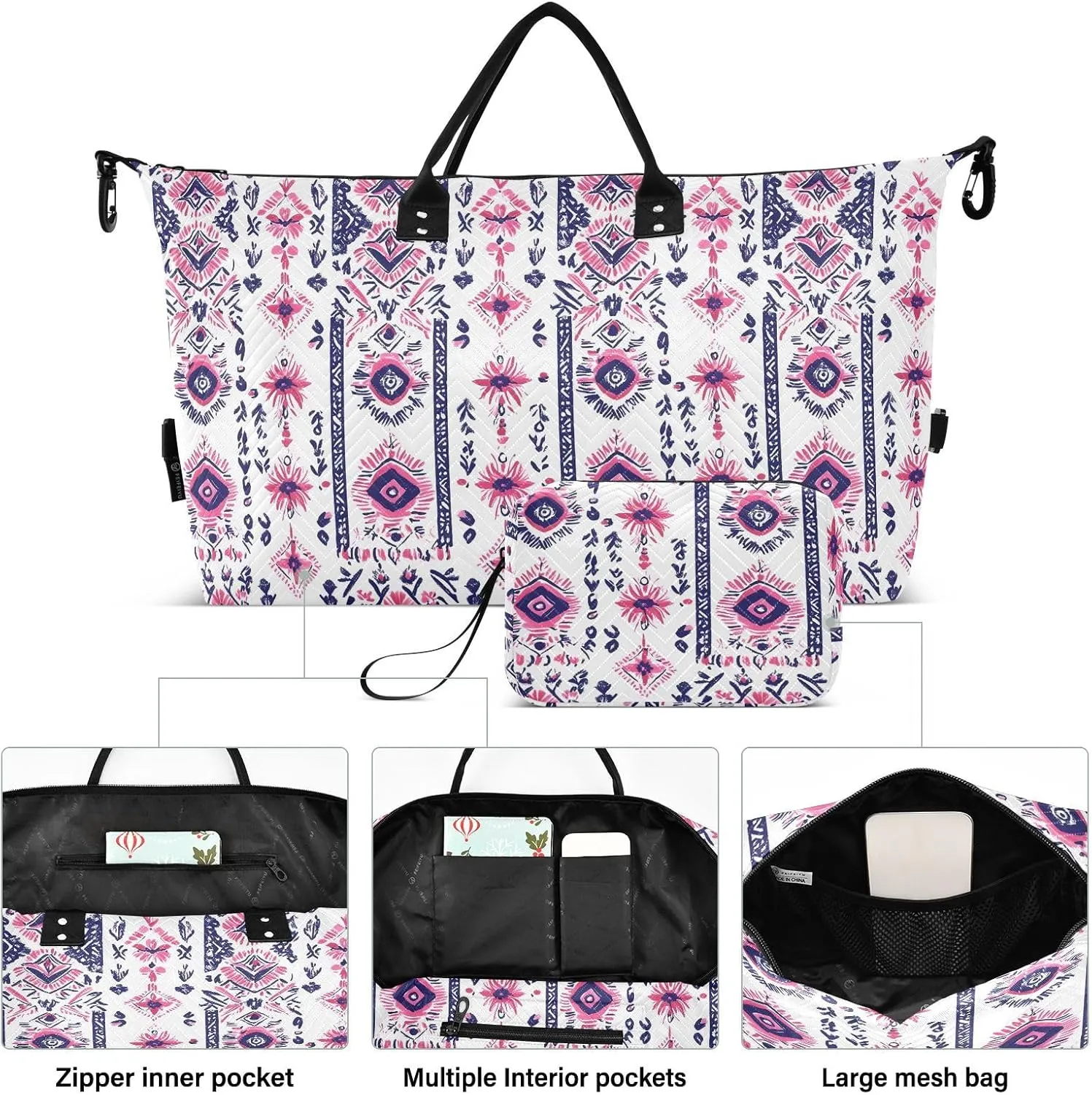 2-Piece Travel Organizer Set - Wave Quilted Expandable Duffel Bag with Detachable Toiletry Pouch, TSA-Compliant Carry-On for Gym/Camping/Airplane, Bohemian Pattern (24)