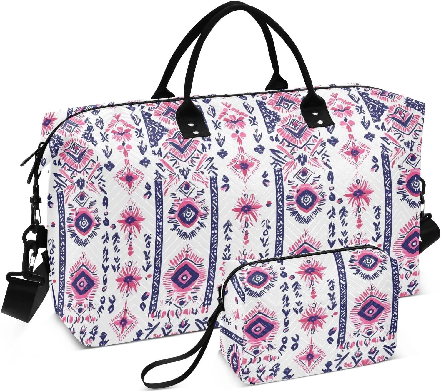 2-Piece Travel Organizer Set - Wave Quilted Expandable Duffel Bag with Detachable Toiletry Pouch, TSA-Compliant Carry-On for Gym/Camping/Airplane, Bohemian Pattern (24)