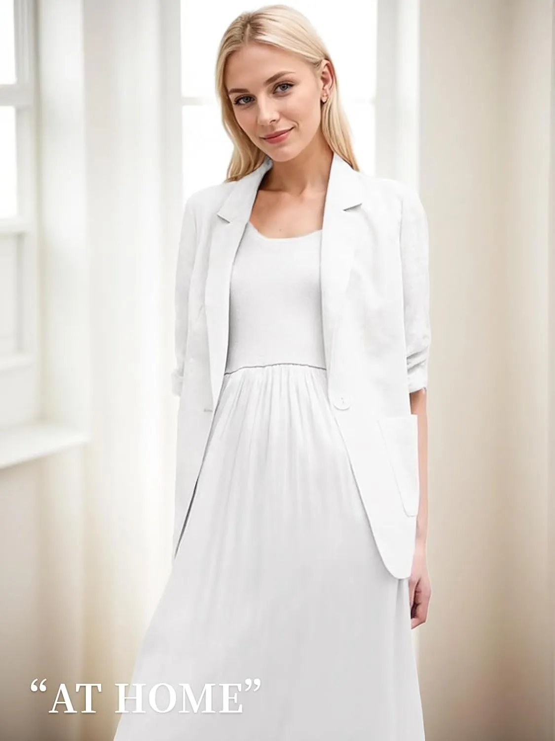 2025 Summer Linen Blazer Women Lightweight 3/4 Stretchy Ruched Sleeve Fully-Lined Casual Work Jacket with Pockets