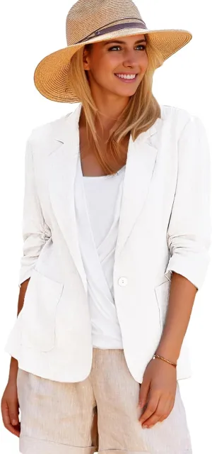 2025 Summer Linen Blazer Women Lightweight 3/4 Stretchy Ruched Sleeve Fully-Lined Casual Work Jacket with Pockets