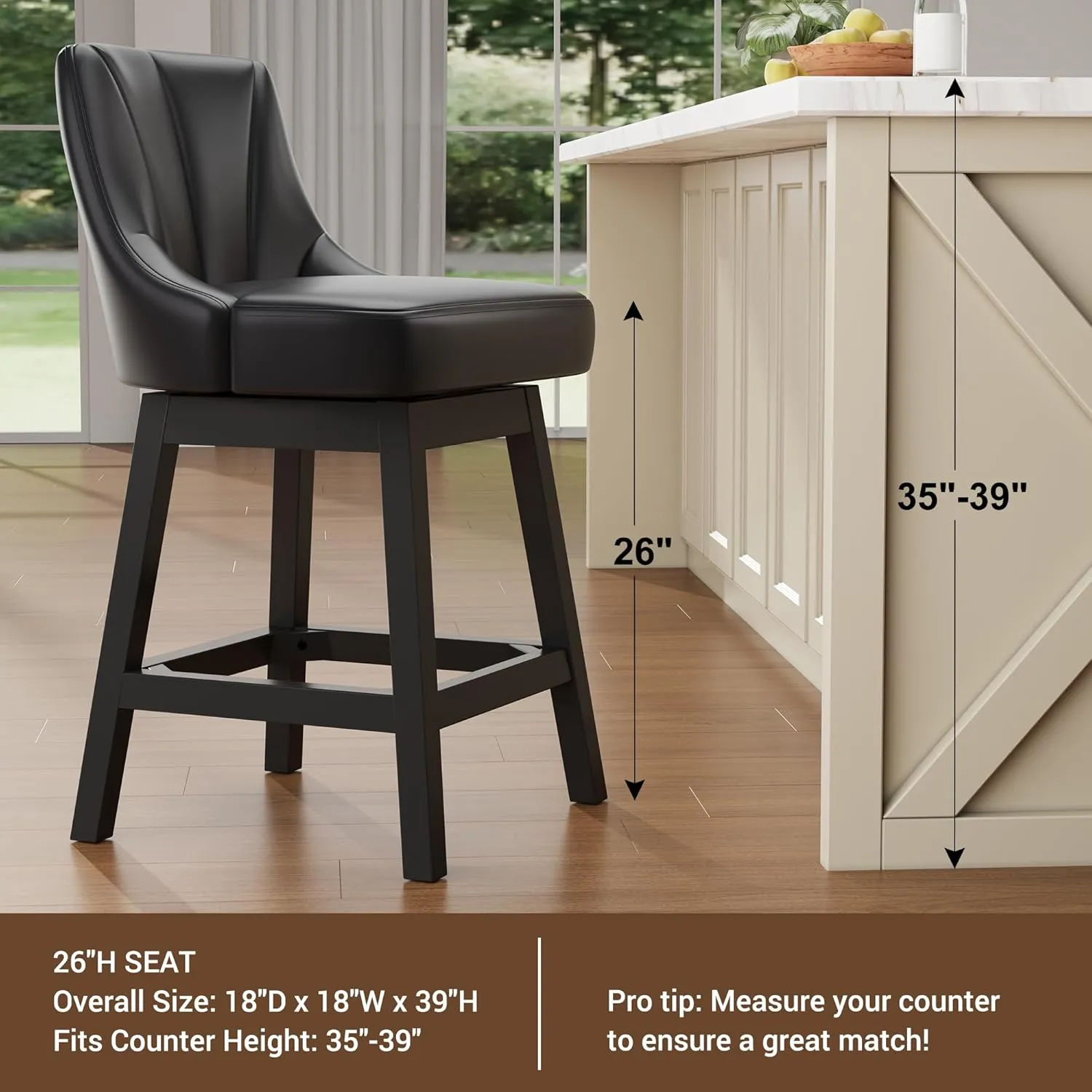 2025 Upgraded Swivel Bar Stools with Backs, 26" Counter Height Bar Stools Set of 2, Modern Leather Upholstered Counter Barstools with Solid Wood Legs for Kitchen Island, Dining Room, Black
