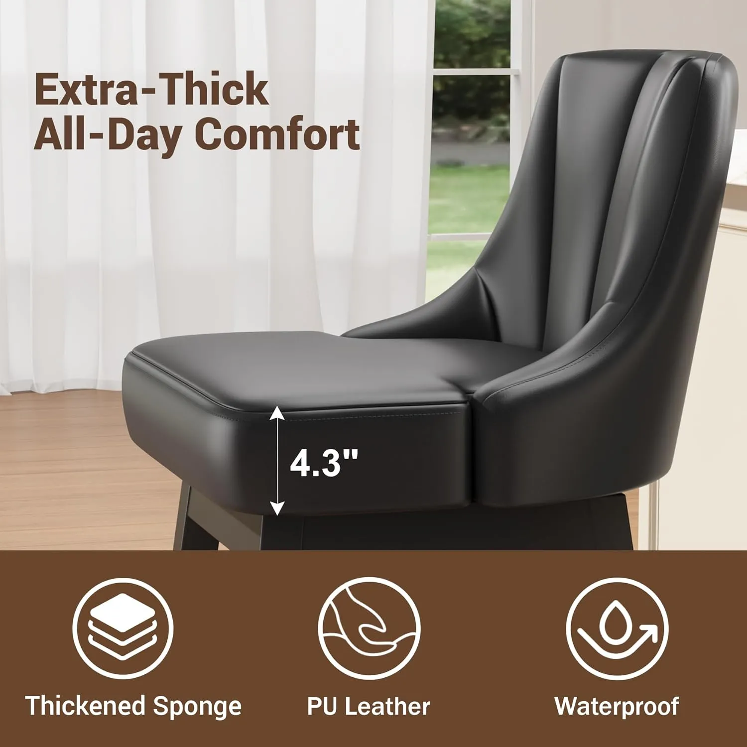 2025 Upgraded Swivel Bar Stools with Backs, 26" Counter Height Bar Stools Set of 2, Modern Leather Upholstered Counter Barstools with Solid Wood Legs for Kitchen Island, Dining Room, Black