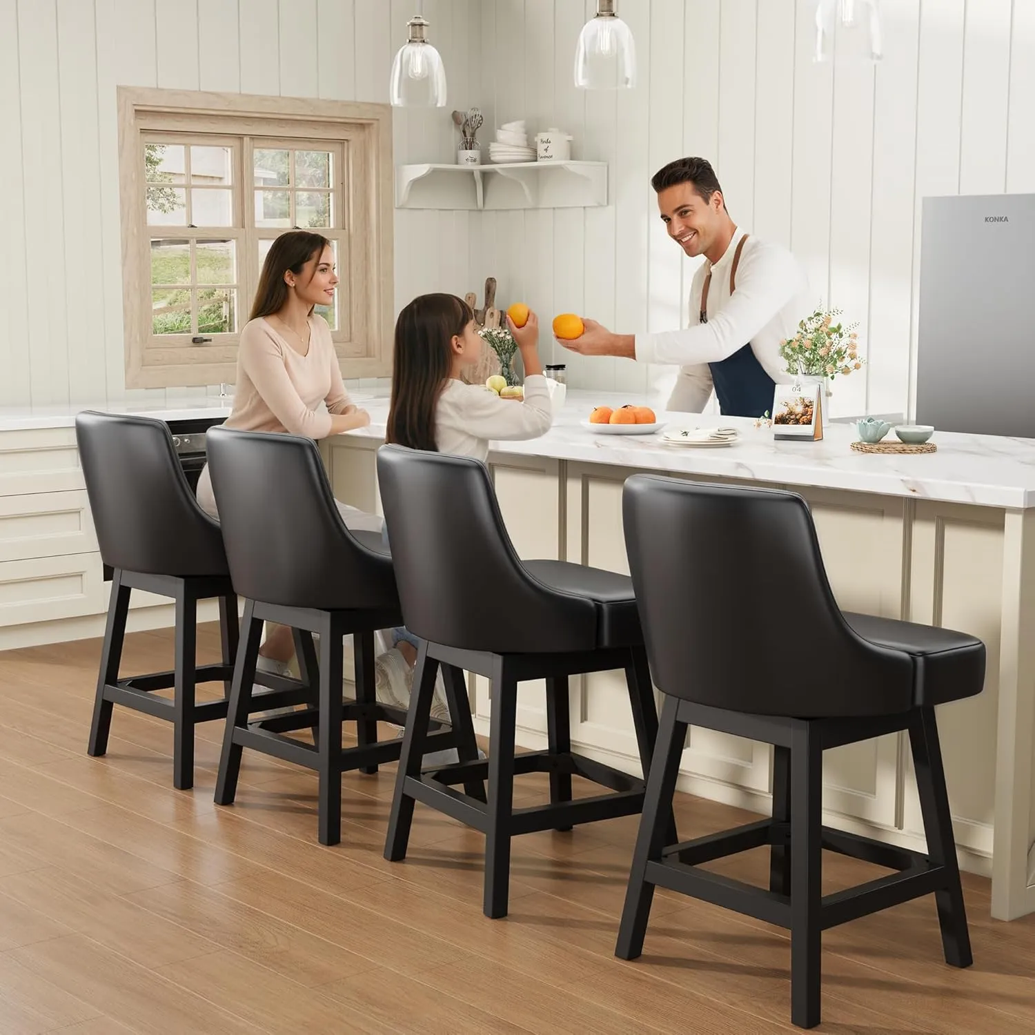 2025 Upgraded Swivel Bar Stools with Backs, 26" Counter Height Bar Stools Set of 2, Modern Leather Upholstered Counter Barstools with Solid Wood Legs for Kitchen Island, Dining Room, Black