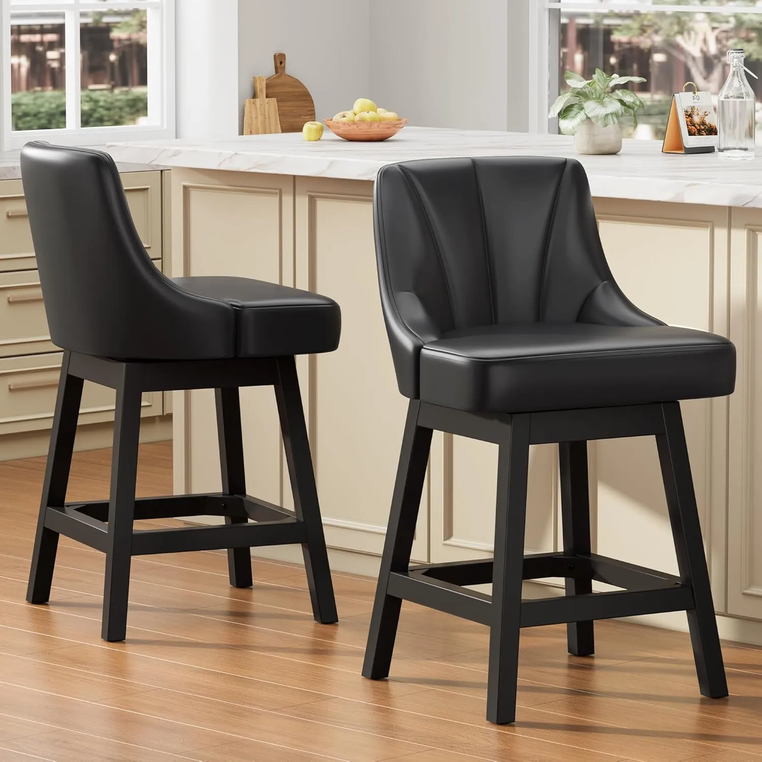 2025 Upgraded Swivel Bar Stools with Backs, 26" Counter Height Bar Stools Set of 2, Modern Leather Upholstered Counter Barstools with Solid Wood Legs for Kitchen Island, Dining Room, Black