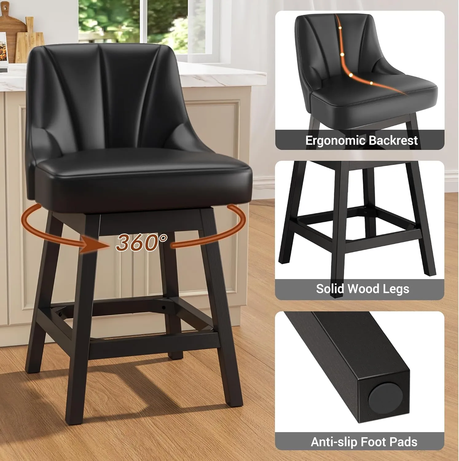 2025 Upgraded Swivel Bar Stools with Backs, 26" Counter Height Bar Stools Set of 2, Modern Leather Upholstered Counter Barstools with Solid Wood Legs for Kitchen Island, Dining Room, Black