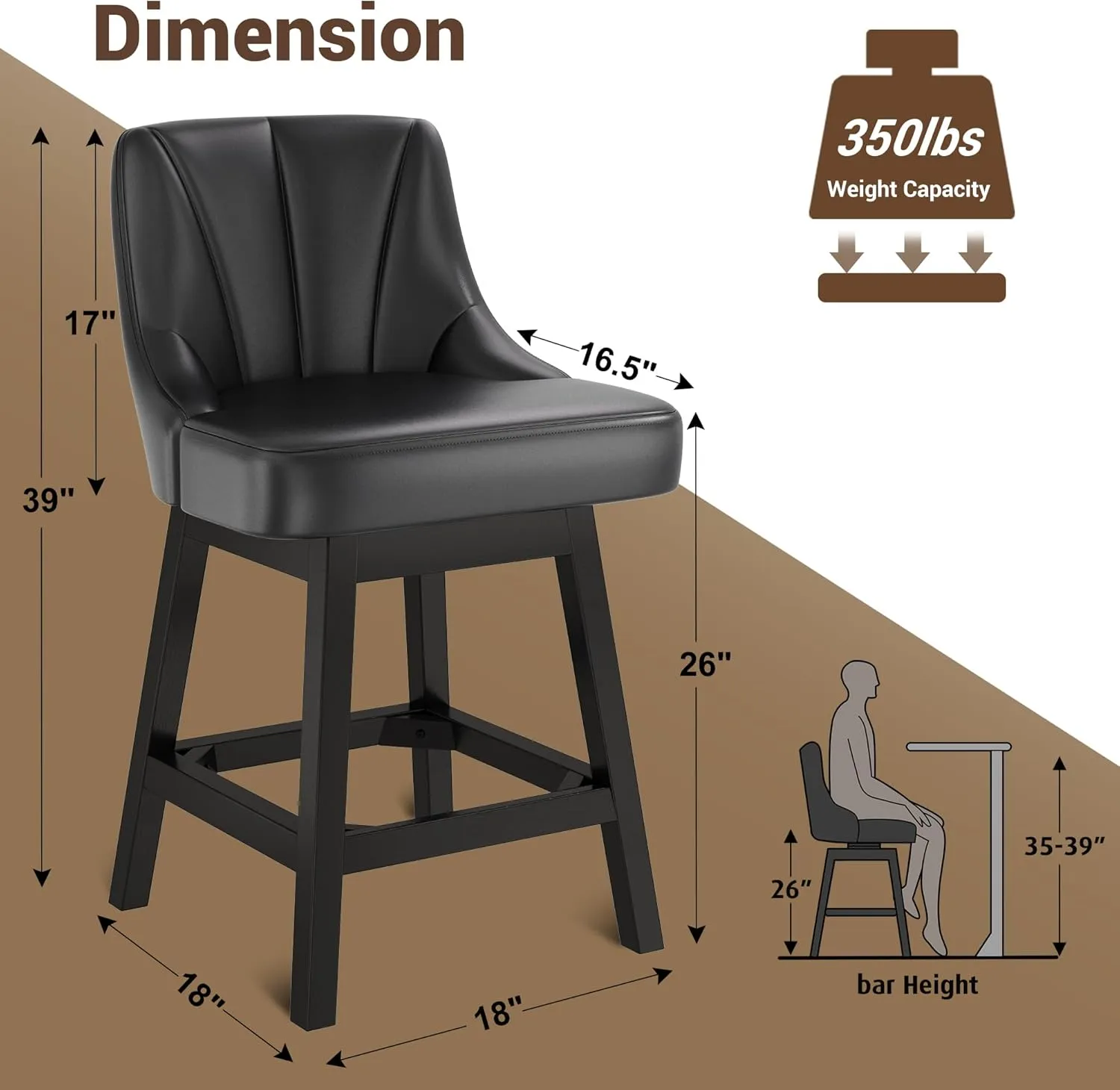 2025 Upgraded Swivel Bar Stools with Backs, 26" Counter Height Bar Stools Set of 2, Modern Leather Upholstered Counter Barstools with Solid Wood Legs for Kitchen Island, Dining Room, Black
