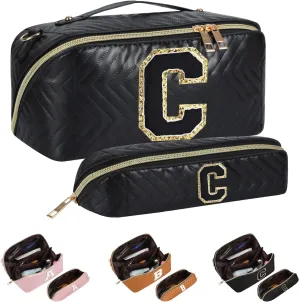 2Pcs Initial Makeup Bags for Women - Waterproof PU Leather Cosmetic Organizer, Large Capacity Open Flat Travel Set with Dividers & Handle, Personalized Birthday & festival Gift (Black, C)