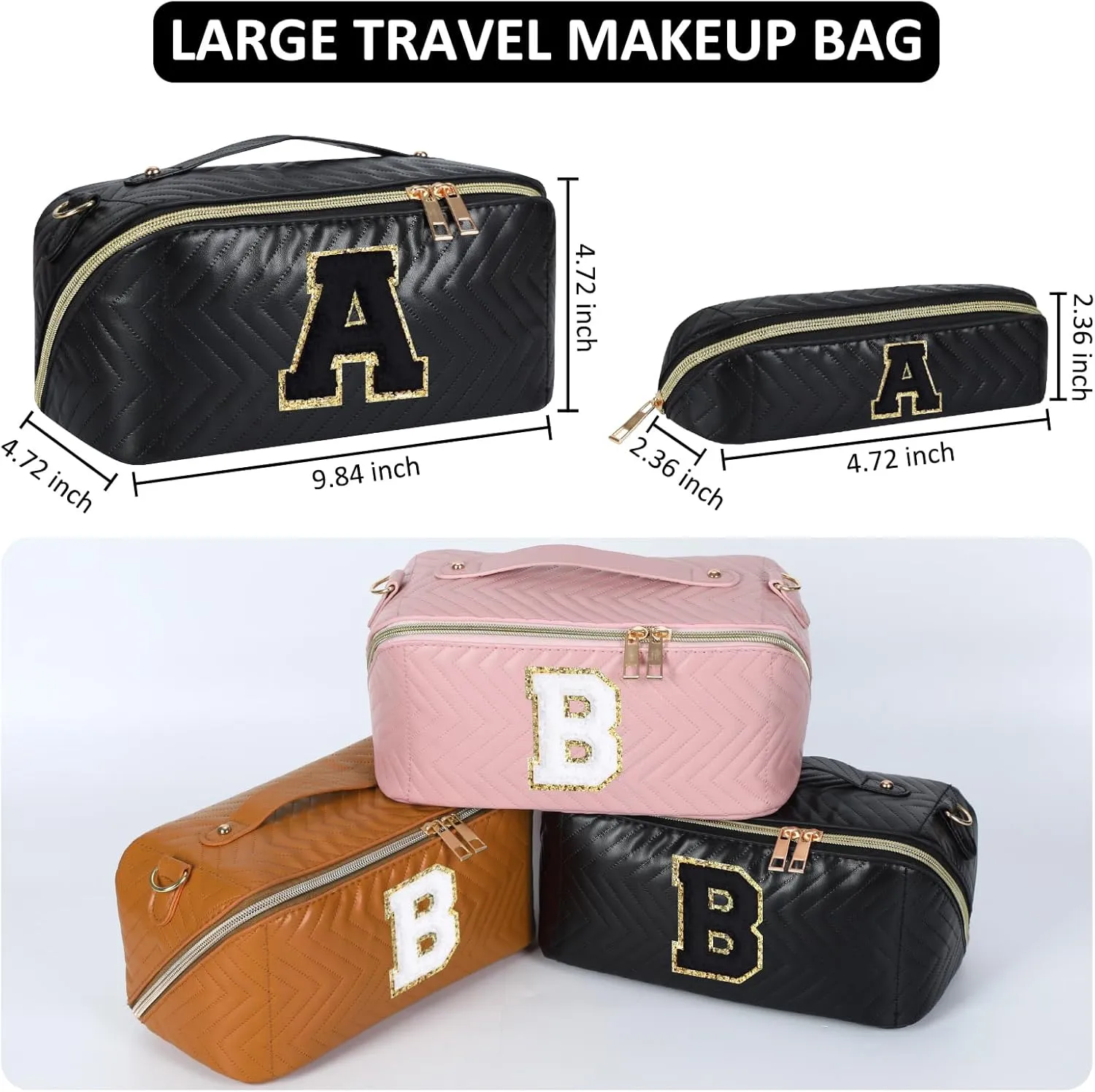 2Pcs Initial Makeup Bags for Women - Waterproof PU Leather Cosmetic Organizer, Large Capacity Open Flat Travel Set with Dividers & Handle, Personalized Birthday & festival Gift (Black, C)
