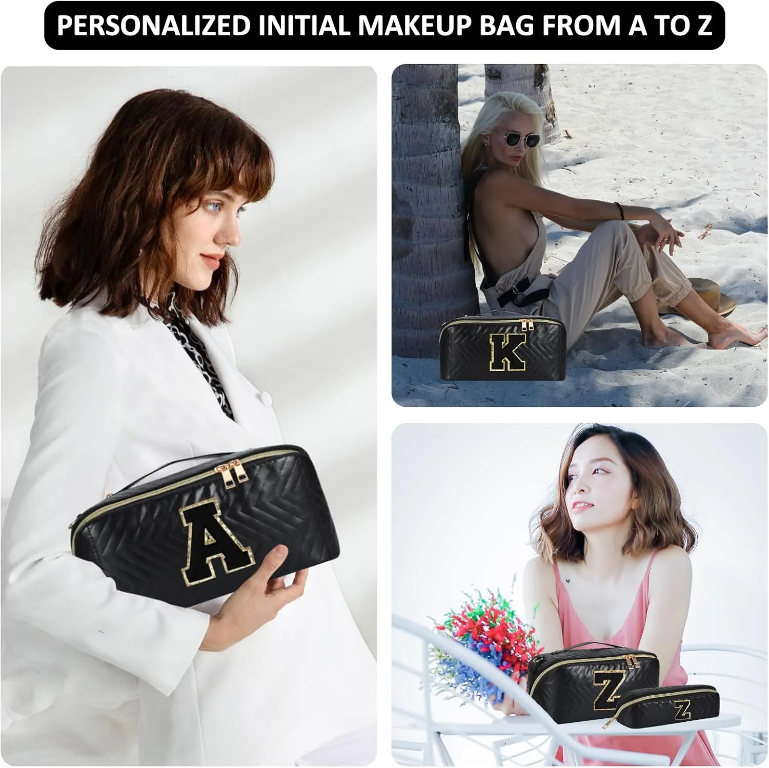 2Pcs Initial Makeup Bags for Women - Waterproof PU Leather Cosmetic Organizer, Large Capacity Open Flat Travel Set with Dividers & Handle, Personalized Birthday & festival Gift (Black, C)