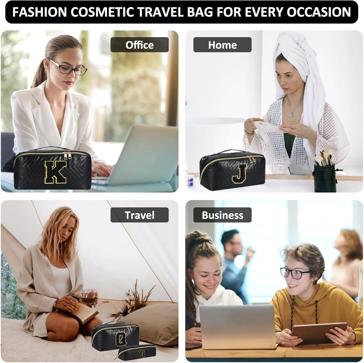 2Pcs Initial Makeup Bags for Women - Waterproof PU Leather Cosmetic Organizer, Large Capacity Open Flat Travel Set with Dividers & Handle, Personalized Birthday & festival Gift (Black, C)