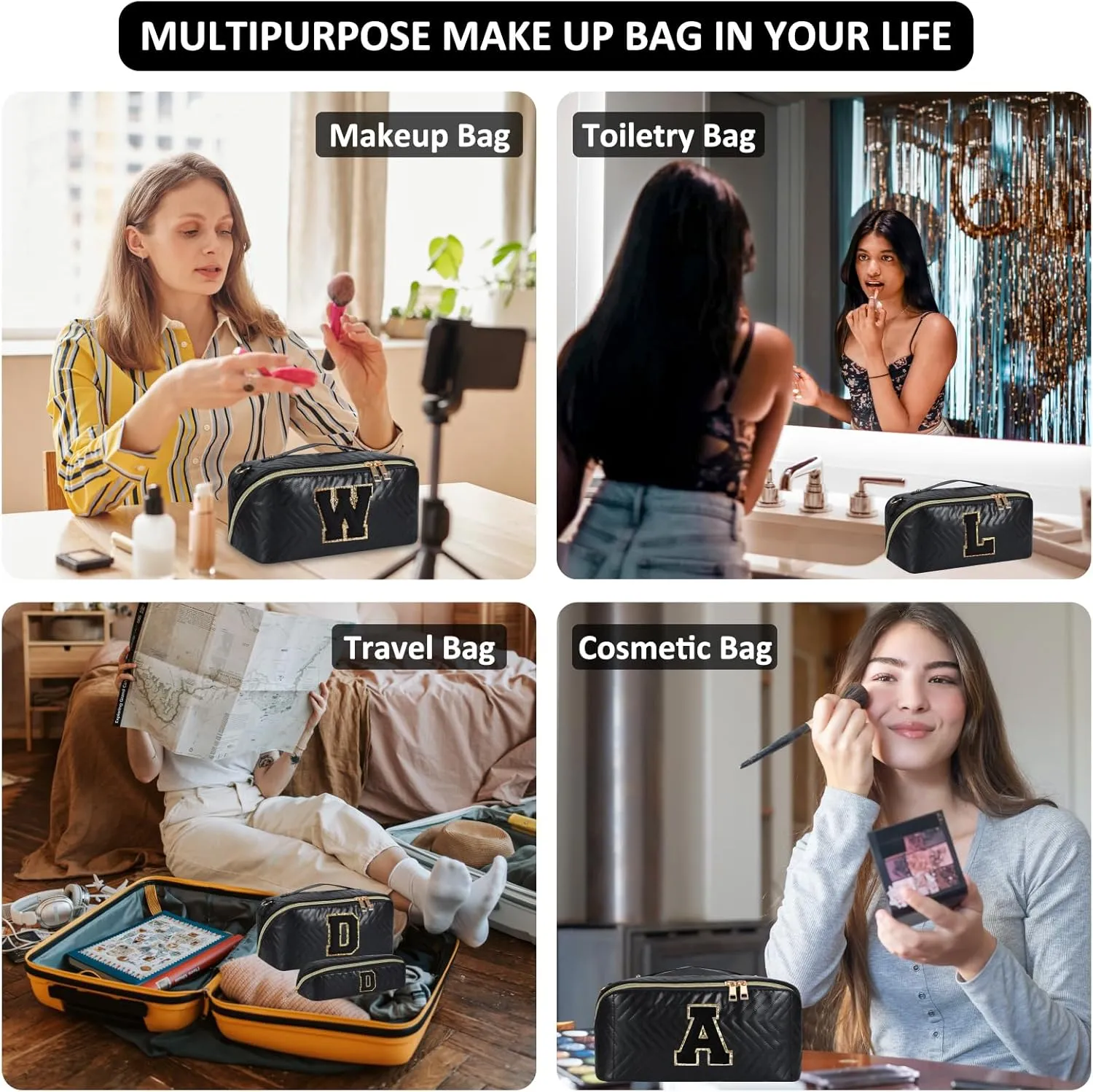 2Pcs Initial Makeup Bags for Women - Waterproof PU Leather Cosmetic Organizer, Large Capacity Open Flat Travel Set with Dividers & Handle, Personalized Birthday & festival Gift (Black, C)