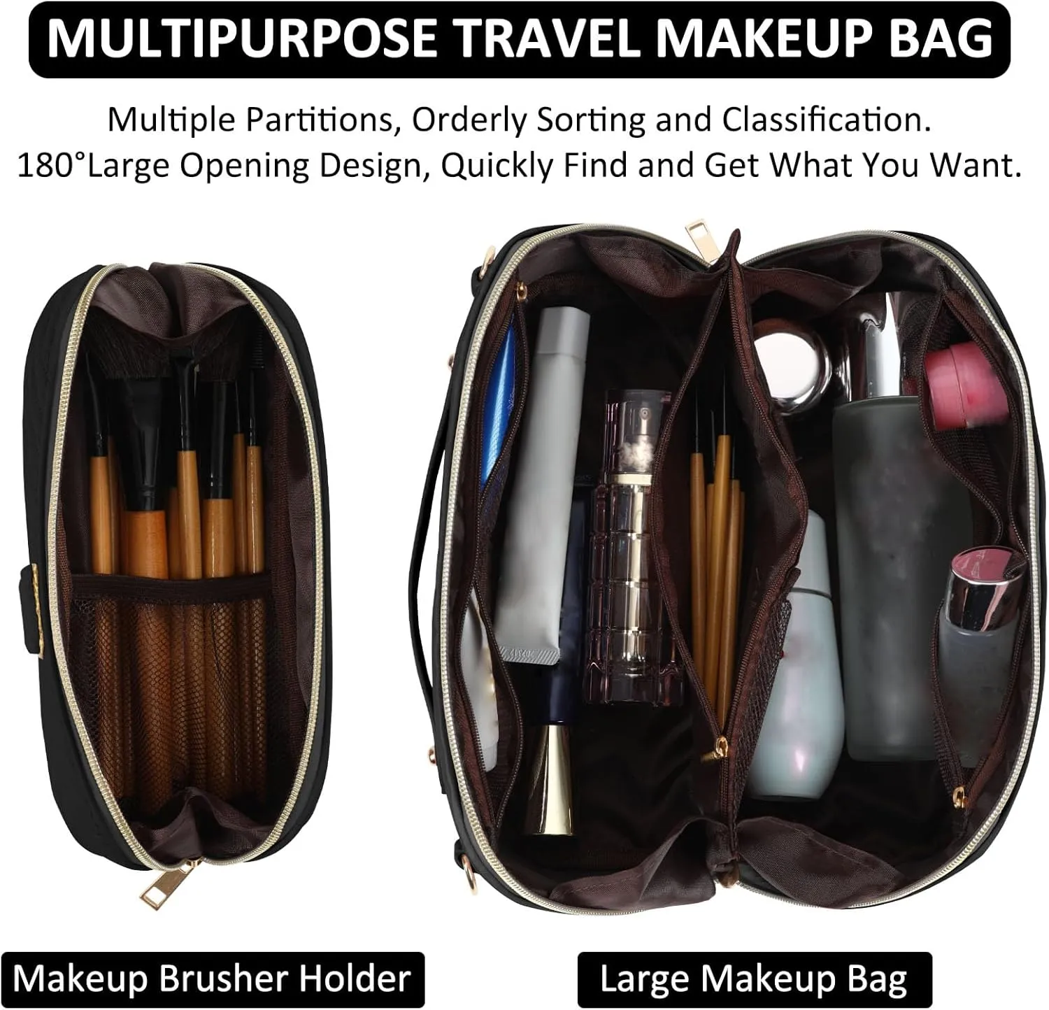 2Pcs Initial Makeup Bags for Women - Waterproof PU Leather Cosmetic Organizer, Large Capacity Open Flat Travel Set with Dividers & Handle, Personalized Birthday & festival Gift (Black, C)