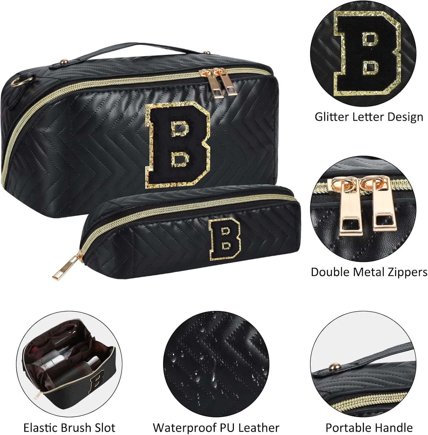 2Pcs Initial Makeup Bags for Women - Waterproof PU Leather Cosmetic Organizer, Large Capacity Open Flat Travel Set with Dividers & Handle, Personalized Birthday & festival Gift (Black, C)