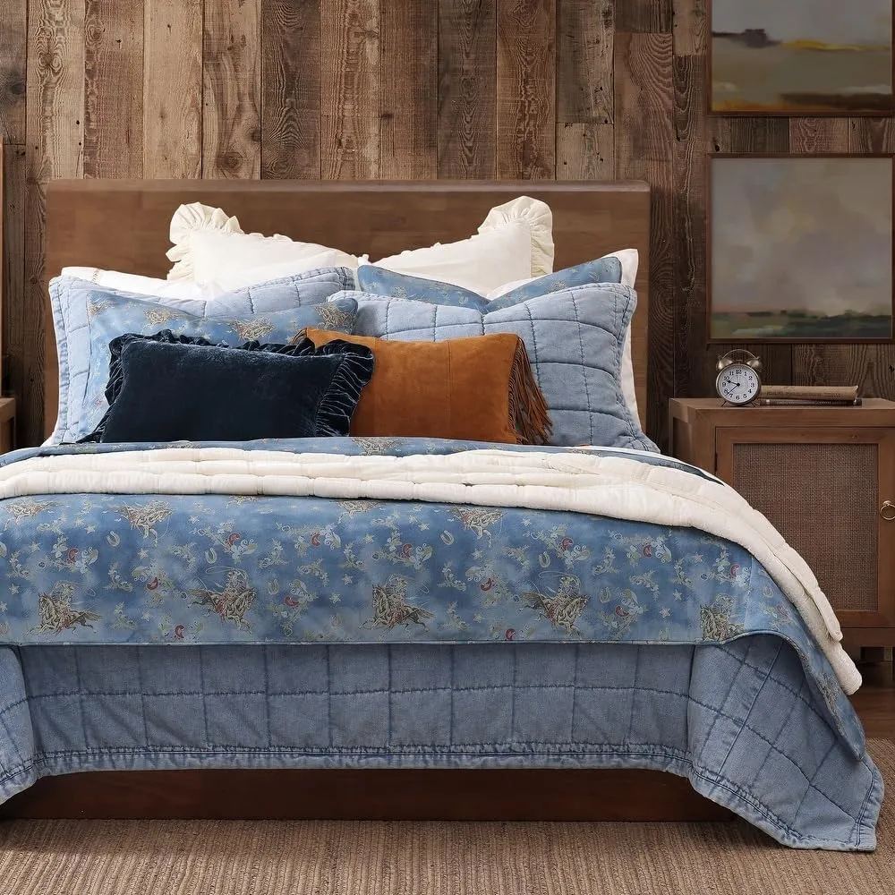 3-Piece Southwestern Style Polyester Cotton Comforter Set King Size | Polo Plaid Iconic Tasha Polizzi Graphic Print Pattern Western Bedding | Reversible Unique Cozy Denim Blue Color Spirited Design