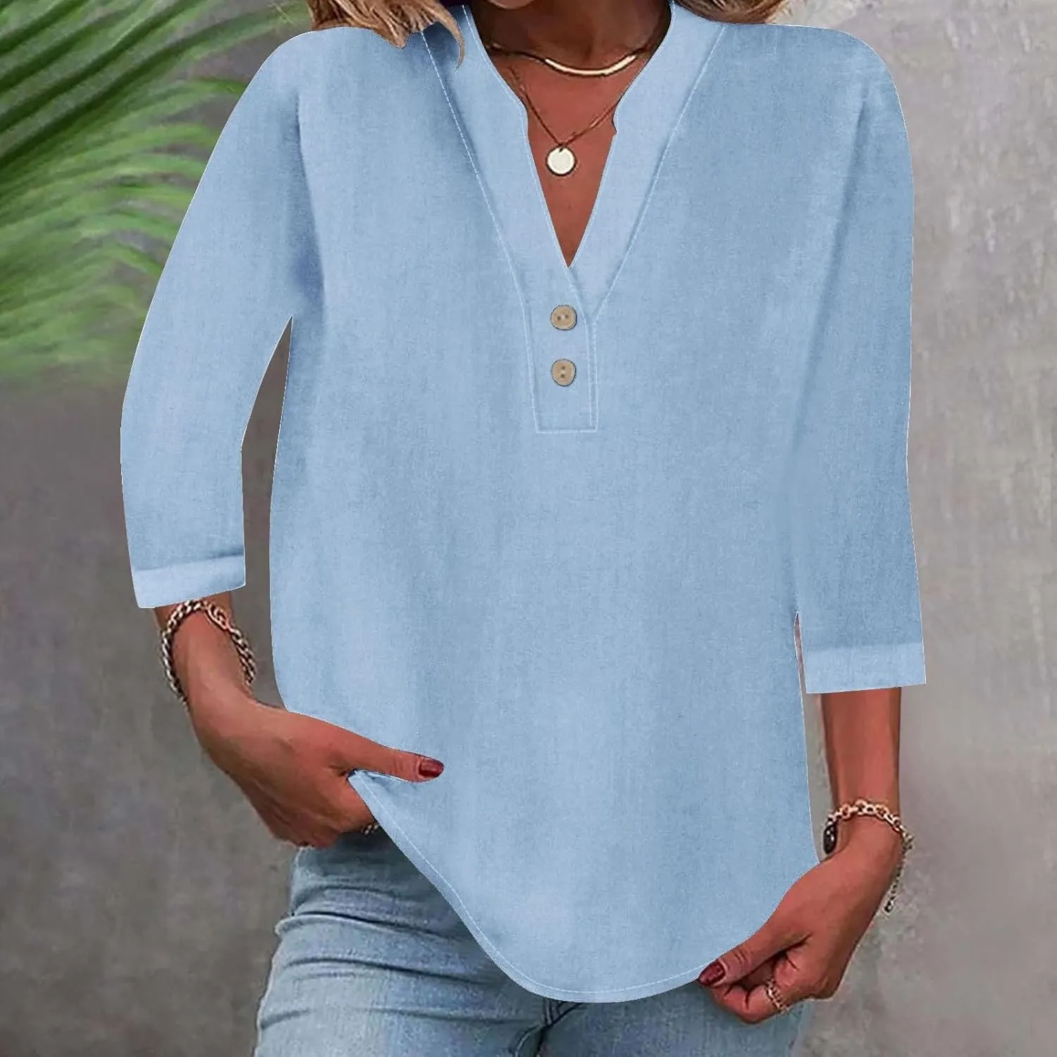 3/4 Sleeve Linen Tops for Women 2024 Loose Fit V Neck Button Down Henley Shirts Cute Solid Summer Beach Tee Shirts