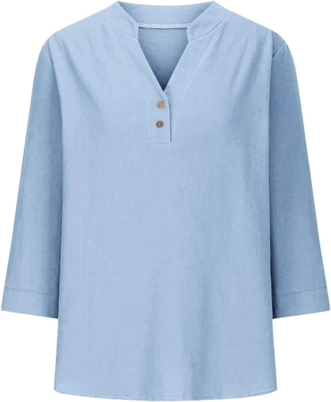 3/4 Sleeve Linen Tops for Women 2024 Loose Fit V Neck Button Down Henley Shirts Cute Solid Summer Beach Tee Shirts