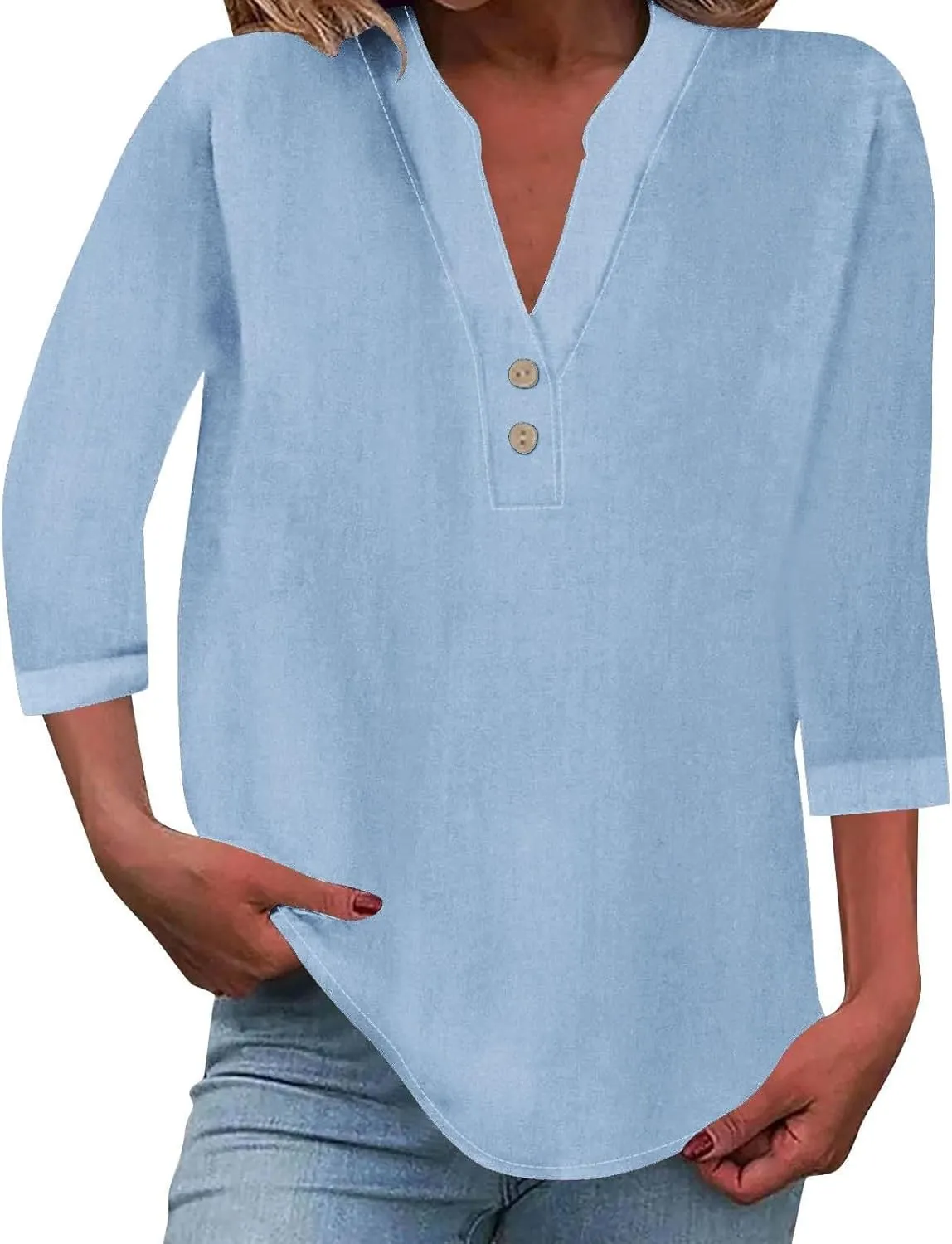 3/4 Sleeve Linen Tops for Women 2024 Loose Fit V Neck Button Down Henley Shirts Cute Solid Summer Beach Tee Shirts