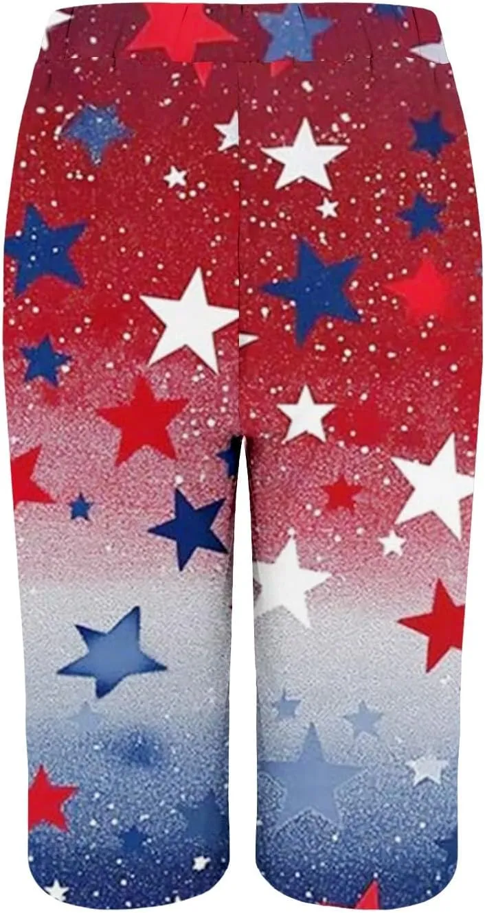 4th of July Bermuda Shorts for Women Wide Leg Linen Knee Length Patriotic Long Shorts Summer Loose High Waisted Pants