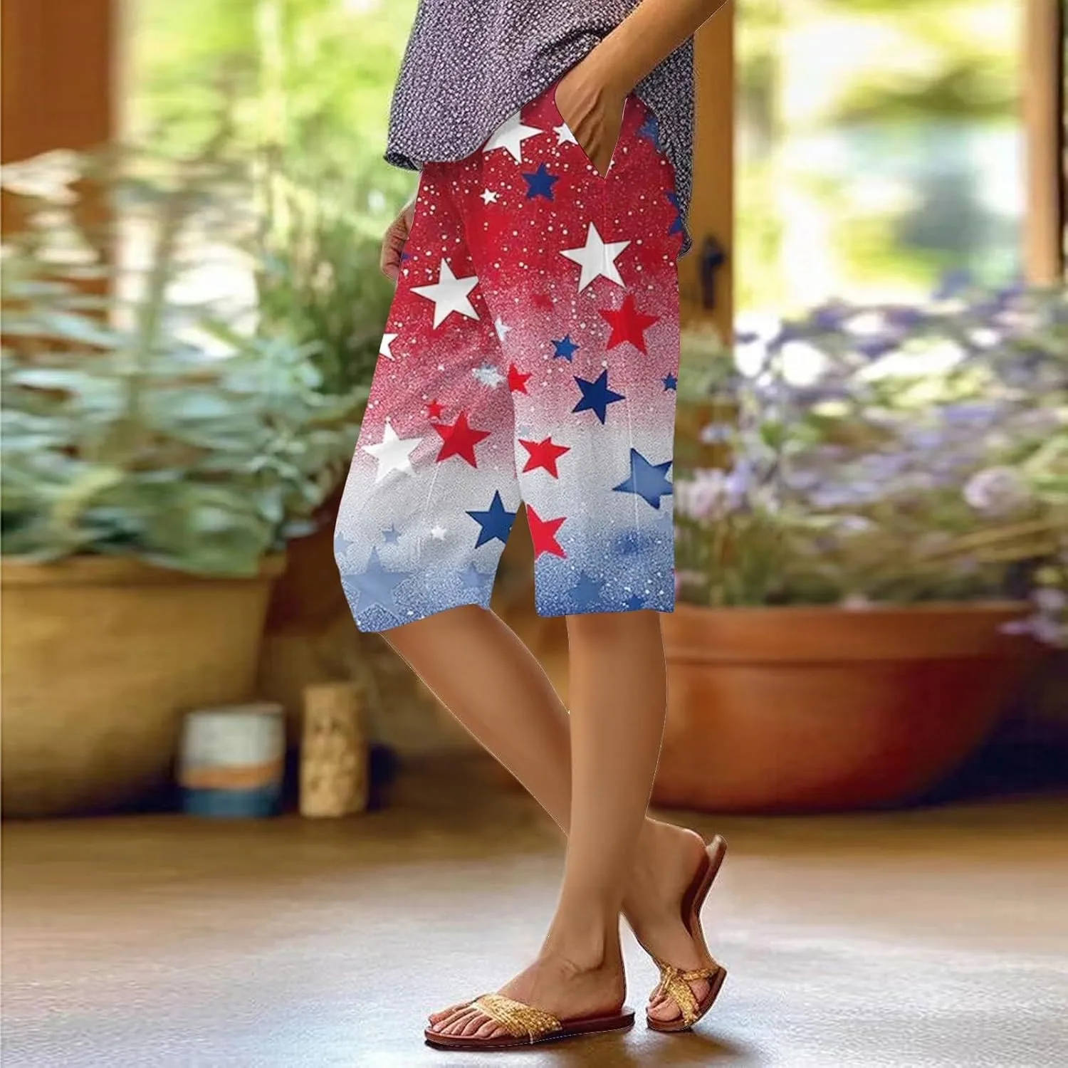 4th of July Bermuda Shorts for Women Wide Leg Linen Knee Length Patriotic Long Shorts Summer Loose High Waisted Pants