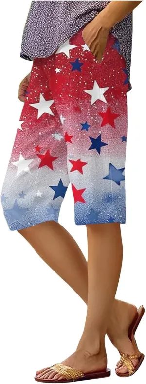 4th of July Bermuda Shorts for Women Wide Leg Linen Knee Length Patriotic Long Shorts Summer Loose High Waisted Pants