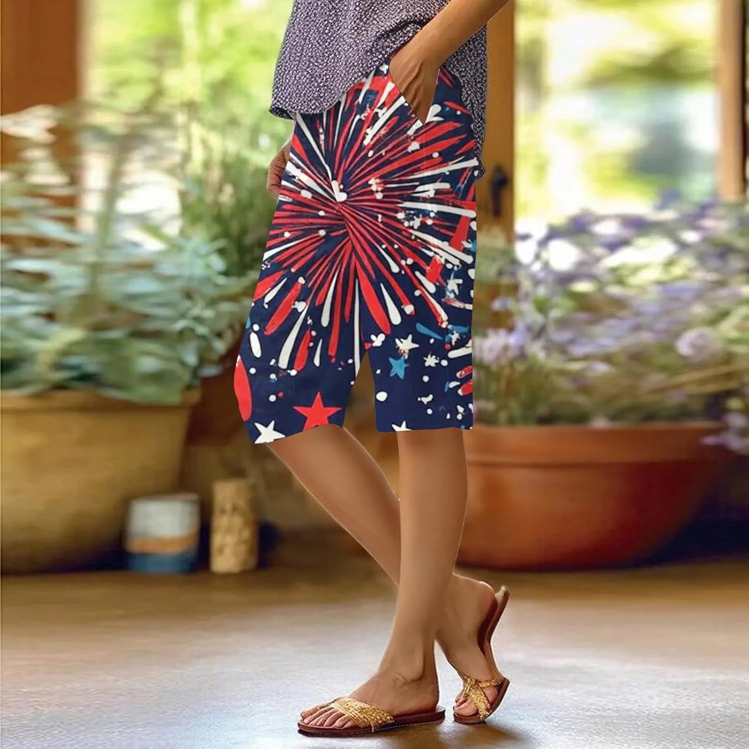 4th of July Linen Pants Women 2025 Summer Patriotic Cotton Linen Capri Shorts Lightweight American Flag Short Pants