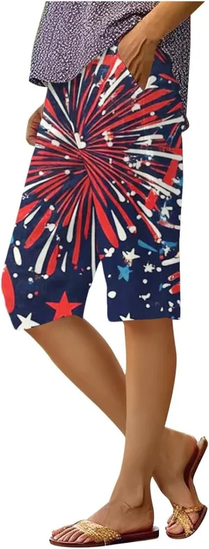 4th of July Linen Pants Women 2025 Summer Patriotic Cotton Linen Capri Shorts Lightweight American Flag Short Pants