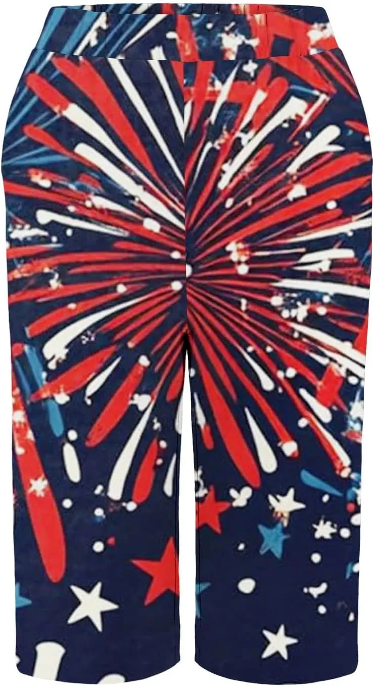 4th of July Linen Pants Women 2025 Summer Patriotic Cotton Linen Capri Shorts Lightweight American Flag Short Pants