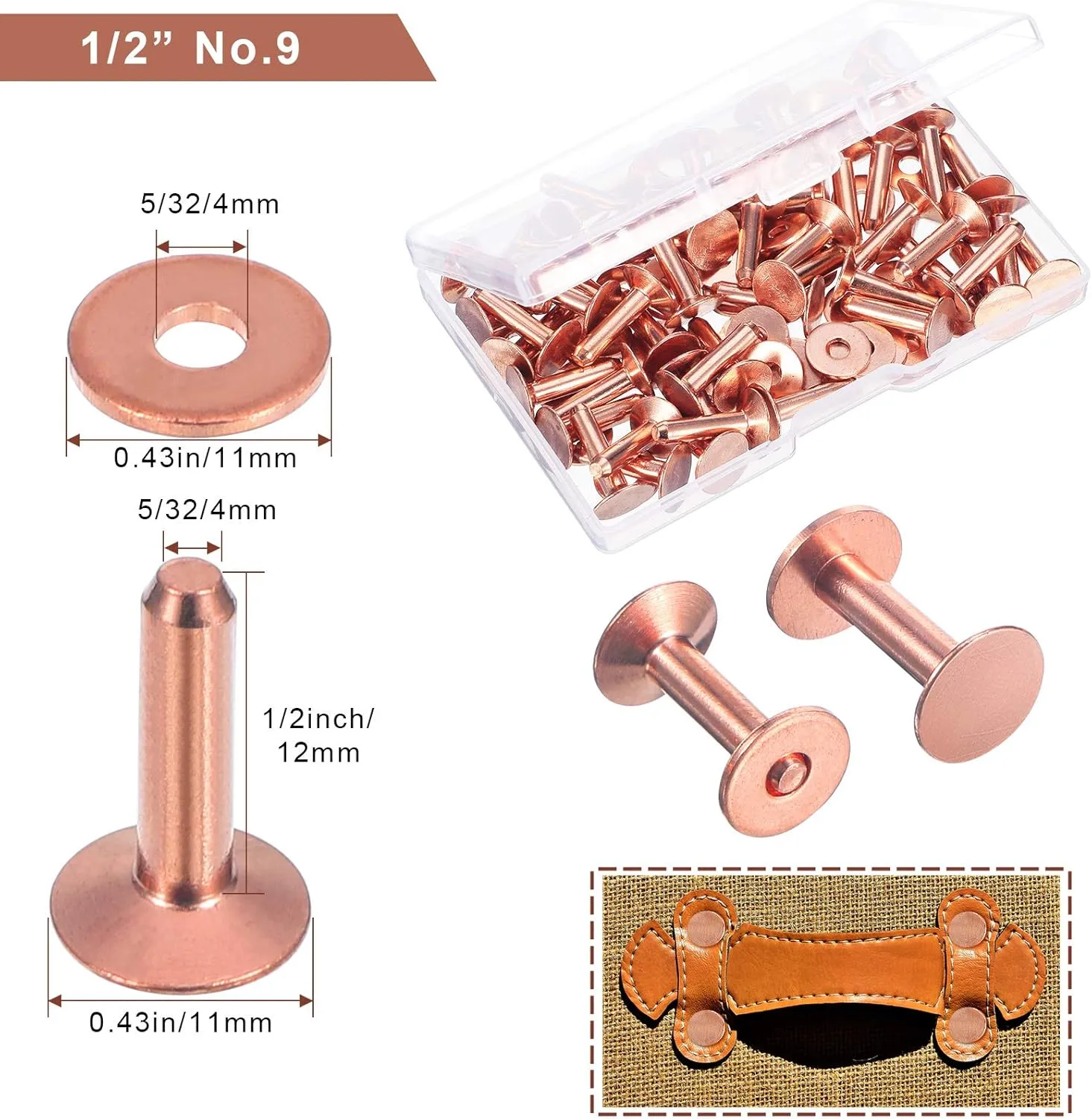 50 Sets Copper Rivets and Burrs, Copper Rivets for Leather Pure Copper Rivet Setting Tool for Belts Wallets Collars Leather DIY Craft Supplies (1/2 Inch, Size 9)