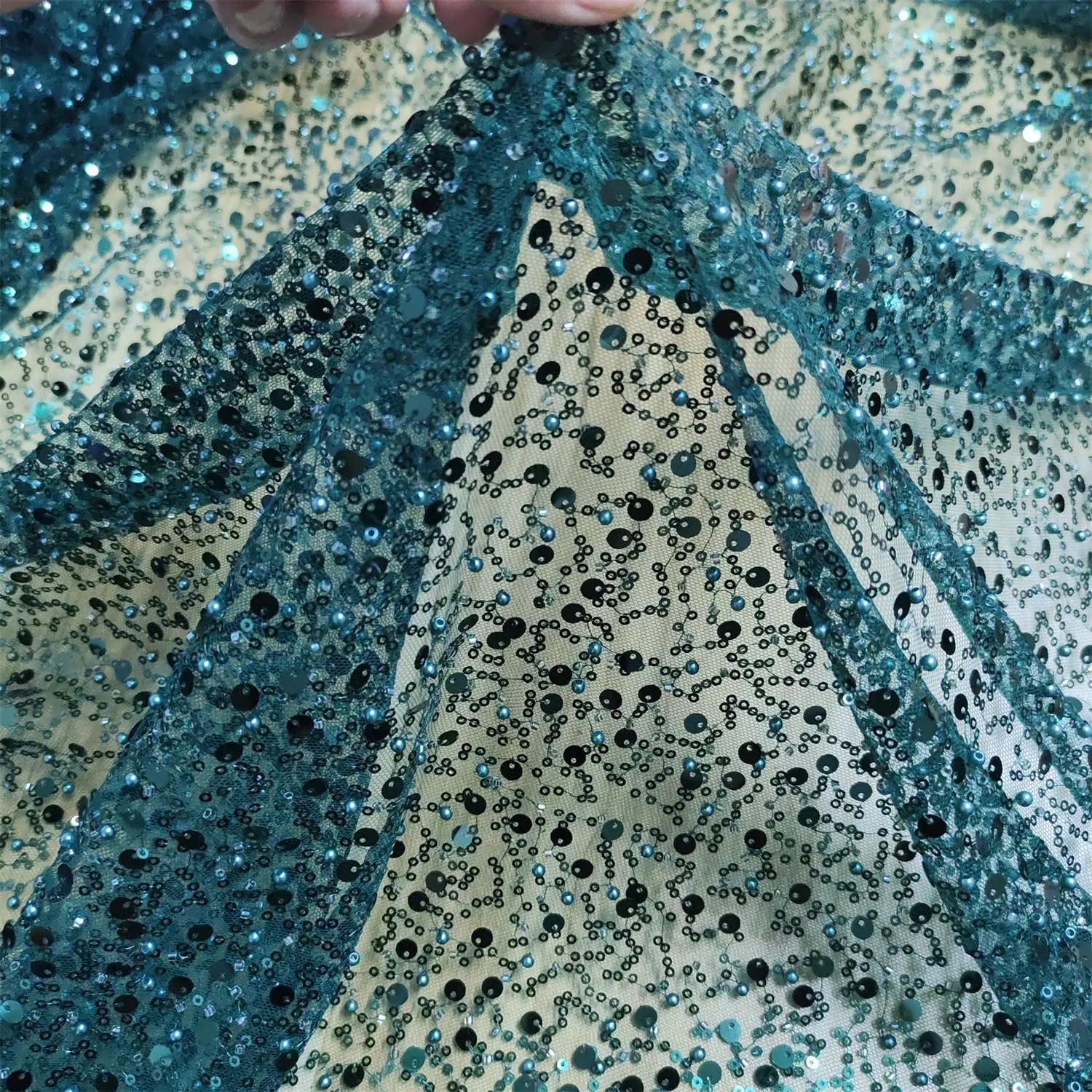 51" Wide Exquisite Heavily Pearl Soft Tulle Mesh Wedding Lace Fabric Embroidered French Sequined Bead Lace Fabrics for Handmade DIY Wedding Evening Dress Bridal Veil (Dark Green, 3 Yard pre Cut)