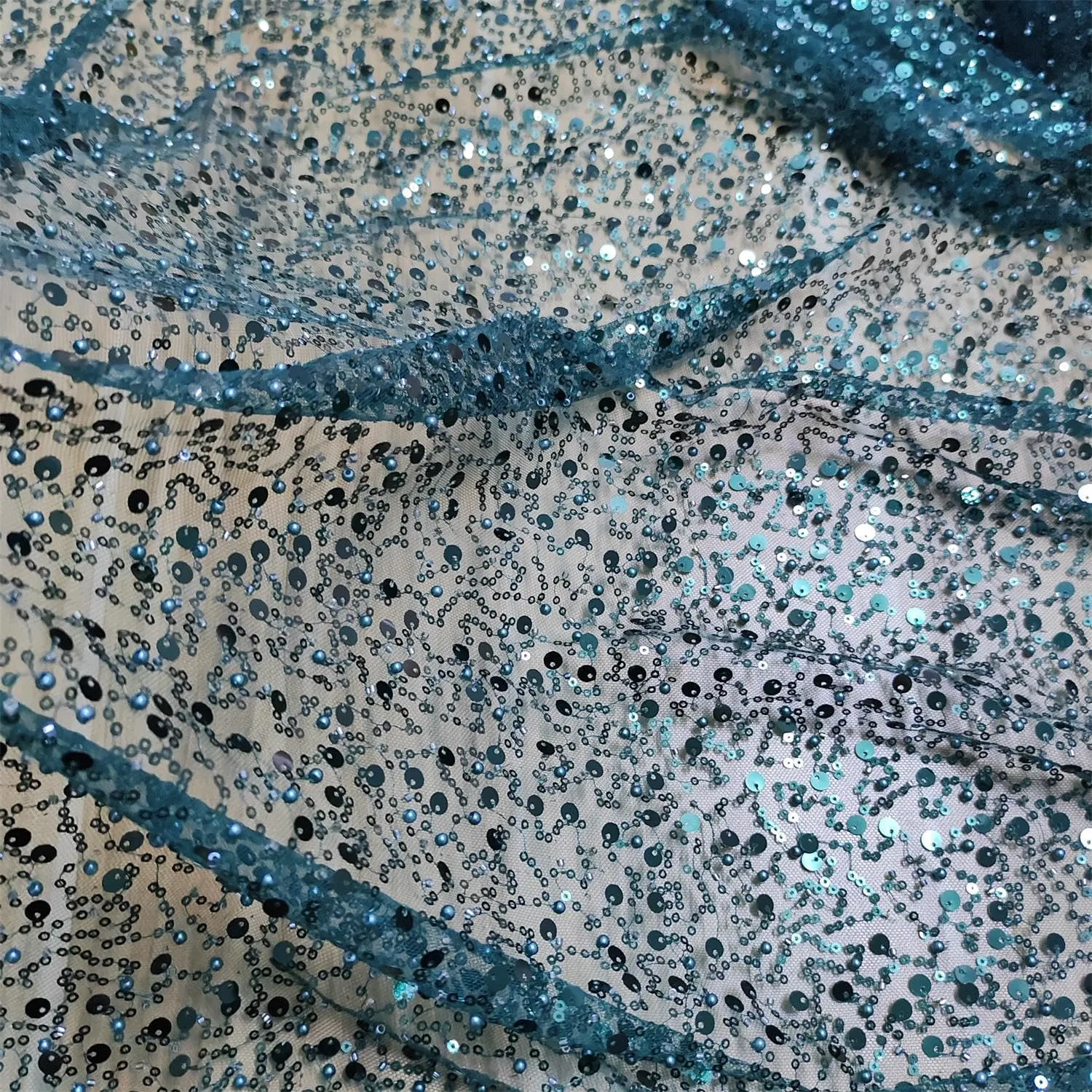 51" Wide Exquisite Heavily Pearl Soft Tulle Mesh Wedding Lace Fabric Embroidered French Sequined Bead Lace Fabrics for Handmade DIY Wedding Evening Dress Bridal Veil (Dark Green, 3 Yard pre Cut)