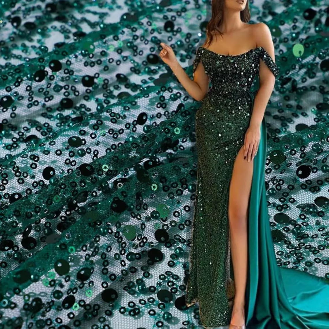 51" Wide Exquisite Heavily Pearl Soft Tulle Mesh Wedding Lace Fabric Embroidered French Sequined Bead Lace Fabrics for Handmade DIY Wedding Evening Dress Bridal Veil (Dark Green, 3 Yard pre Cut)