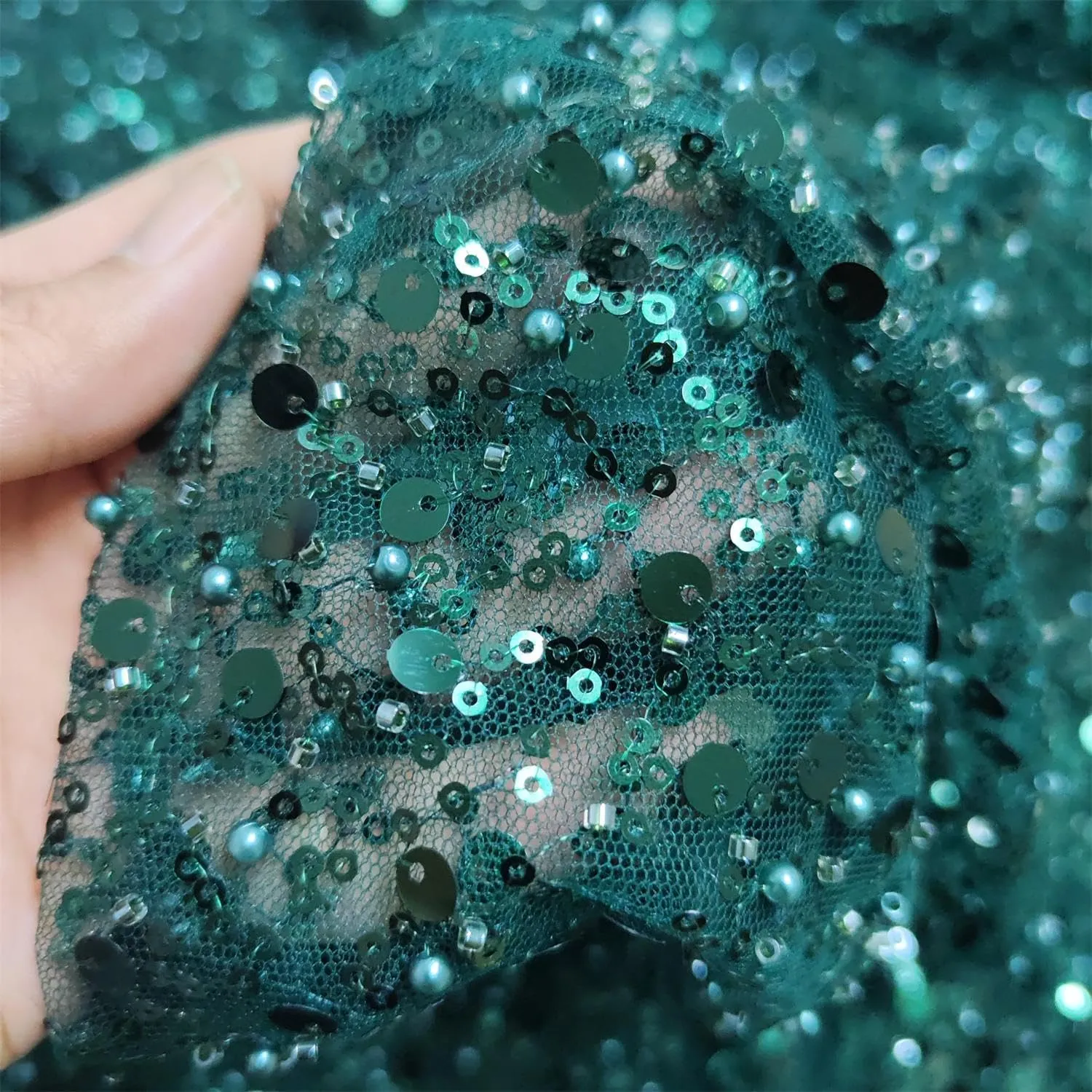 51" Wide Exquisite Heavily Pearl Soft Tulle Mesh Wedding Lace Fabric Embroidered French Sequined Bead Lace Fabrics for Handmade DIY Wedding Evening Dress Bridal Veil (Dark Green, 3 Yard pre Cut)