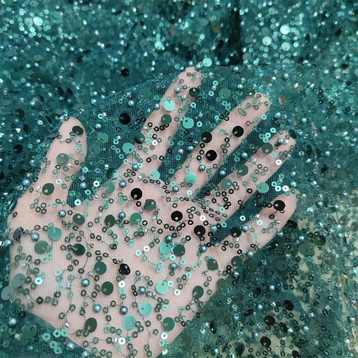 51" Wide Exquisite Heavily Pearl Soft Tulle Mesh Wedding Lace Fabric Embroidered French Sequined Bead Lace Fabrics for Handmade DIY Wedding Evening Dress Bridal Veil (Dark Green, 3 Yard pre Cut)