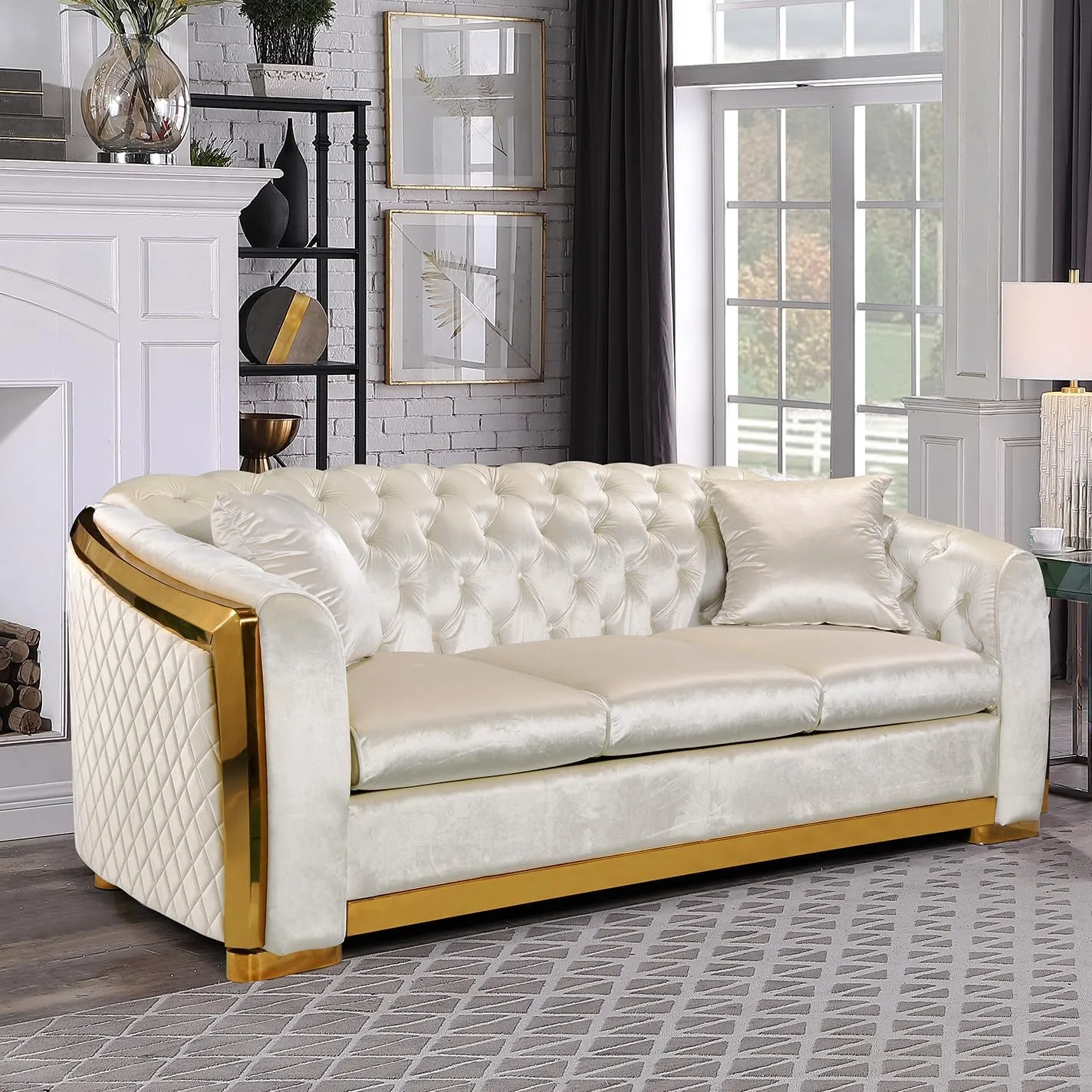 82.3 Inch Velvet Sofa Set for Living Room, 3 Seat Modern & Luxury Chesterfield Couch Sofa with Tufted Back&Gold Stainless Legs for Apartment, Office 2 Pillows Included Beige